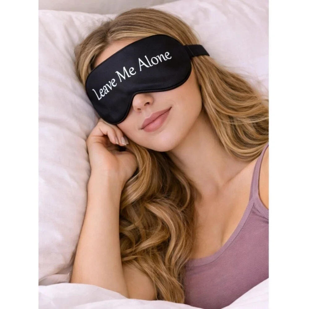 Black Satin Sleep Mask “Leave Me Alone” – Soft Adjustable Eye Mask